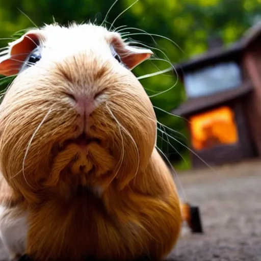 Prompt: a Guinea pig taking a selfie in front of a burning house