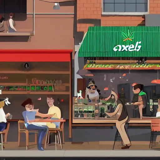 Image similar to cute and funny cartoon of australian cafe teaching customers how to smoke cannabis for the first time, axonometric render by pixar