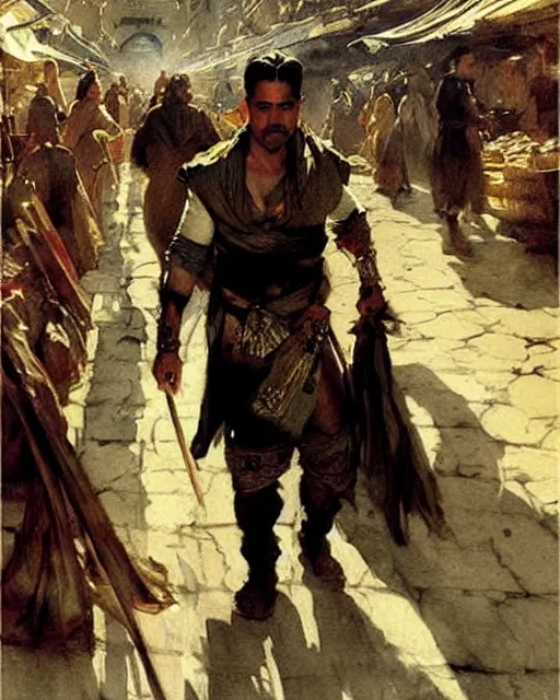 Image similar to fantasy concept art by anders zorn depicting colin farrell as an ancient egyptian rogue walking through a busy oriental market