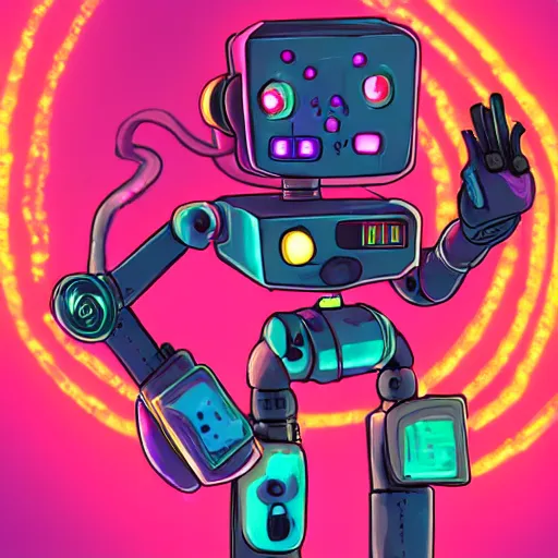 Prompt: sentient robot pick pocket smiling with a face of red neon lights, made of liquid antimatter, set in a city comprised of light matter, set in the distant future, sucks away the light, decaying plants, rainbow diffraction, steampunk, cyberpunk, anime, vhs distortion, art style mimics starlight brigade by game grumps