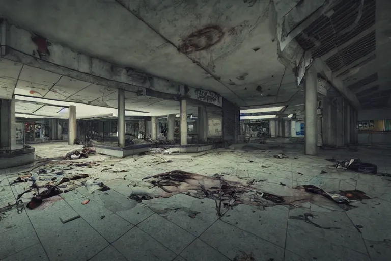 Prompt: low wide angle photo of a abandoned cyberpunk shopping mall with dead human on the floor, a team of soliders are in position, cinematic lightning, ray tracing, unreal engine, photorealistic, detailed, dark, moody, foggy, scary