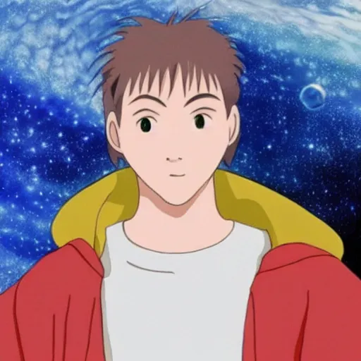 Image similar to Spirited away, guy with dark blonde hair and blue eyes in space, profile picture