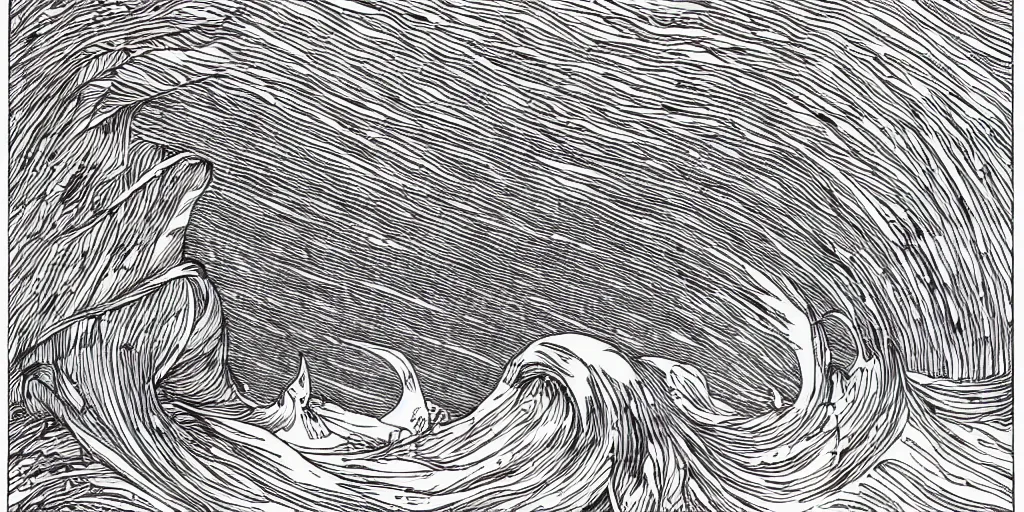 Image similar to open sea by Moebius, black and white, fine lines, hyper detailed