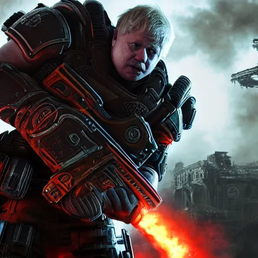 Prompt: Boris Johnson in 'Gears of War', splash art, movie still, cinematic lighting, detailed face, dramatic, octane render, long lens, shallow depth of field, bokeh, anamorphic lens flare, 8k, hyper detailed, 35mm film grain