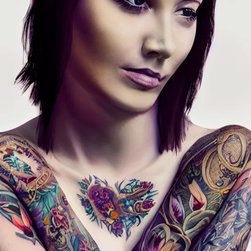 Prompt: heroine, beautiful, woman with tattoos revealing body, hyperrealistic, highly detailed, a real photographic, digital art, digital art, 8 k, character, realistic, portrait