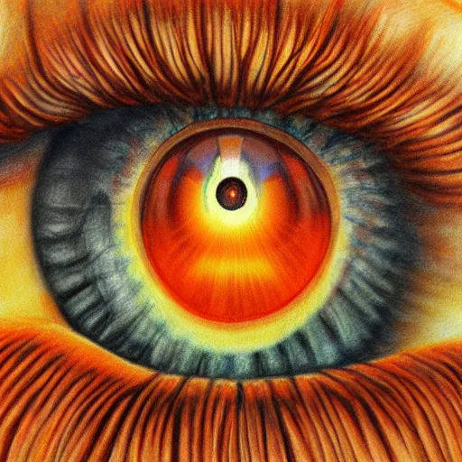 Prompt: hyper realistic pencil drawing of the human eye in the shape of snail shell, space background, unlimited detail, colored, space, dragon, intricate, detail, phoenix, orange
