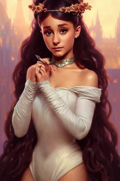 Image similar to Ariana Grande, fantasy, intricate, elegant, highly detailed, digital painting, artstation, concept art, matte, sharp focus, illustration, art by Artgerm and Greg Rutkowski and Alphonse Mucha