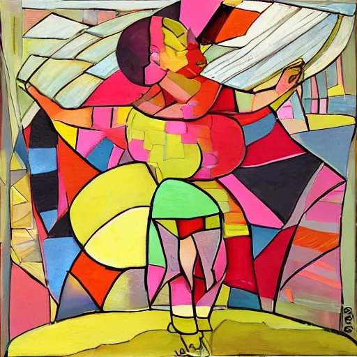 Image similar to beautiful sunset, fat woman dancing, cubism, muted colors, texture