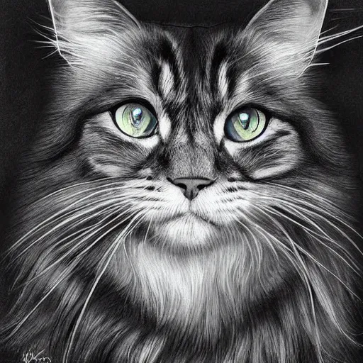 Prompt: long - haired siberian cat, illustration, charcoal, trending, artstation, hyper - detailed, coulson, peter