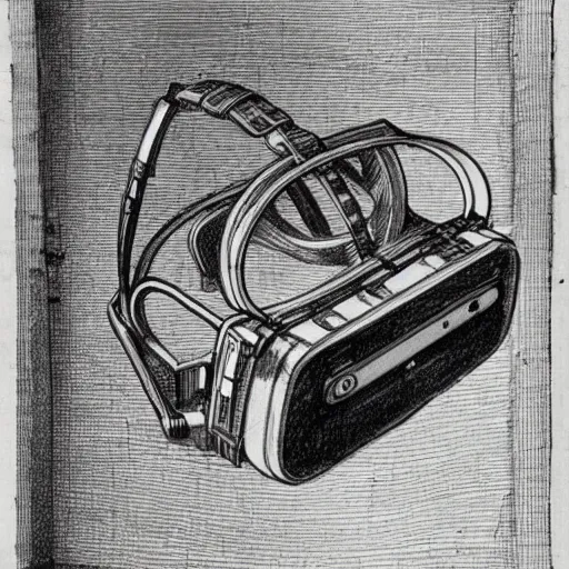 Image similar to Vintage, detailed, sketch of Oculus Rift, with full descriptions, on parchment, as depicted in Leonardo da Vinci's Codex Atlanticus