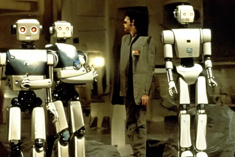Prompt: a movie still from the 1985 summer blockbuster movie Back to the Robots directed by Steven Spielberg