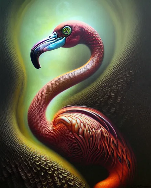 Image similar to a detailed portrait of dreampunk flamingo python hybrid mix by tomasz alen kopera and peter mohrbacher