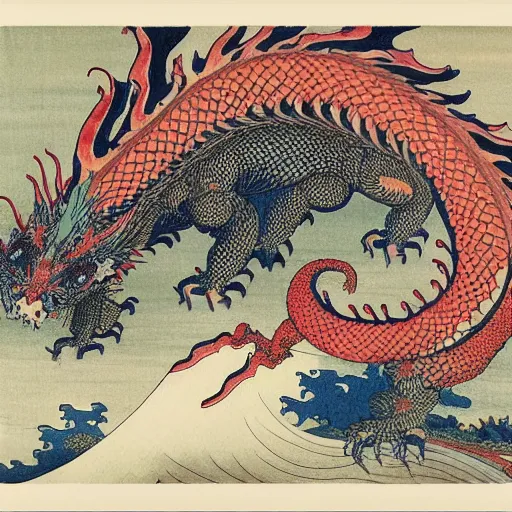 Image similar to a fractal dragon by hokusai, by james jean, by bosch