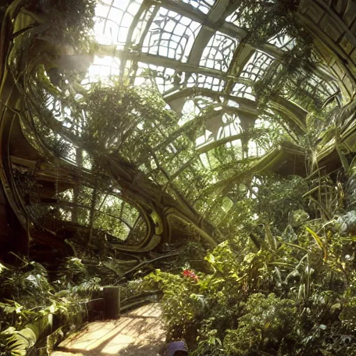 Image similar to old photo overgrown zaha hadid alphonse mucha spaceship ruins in jungle sunlight