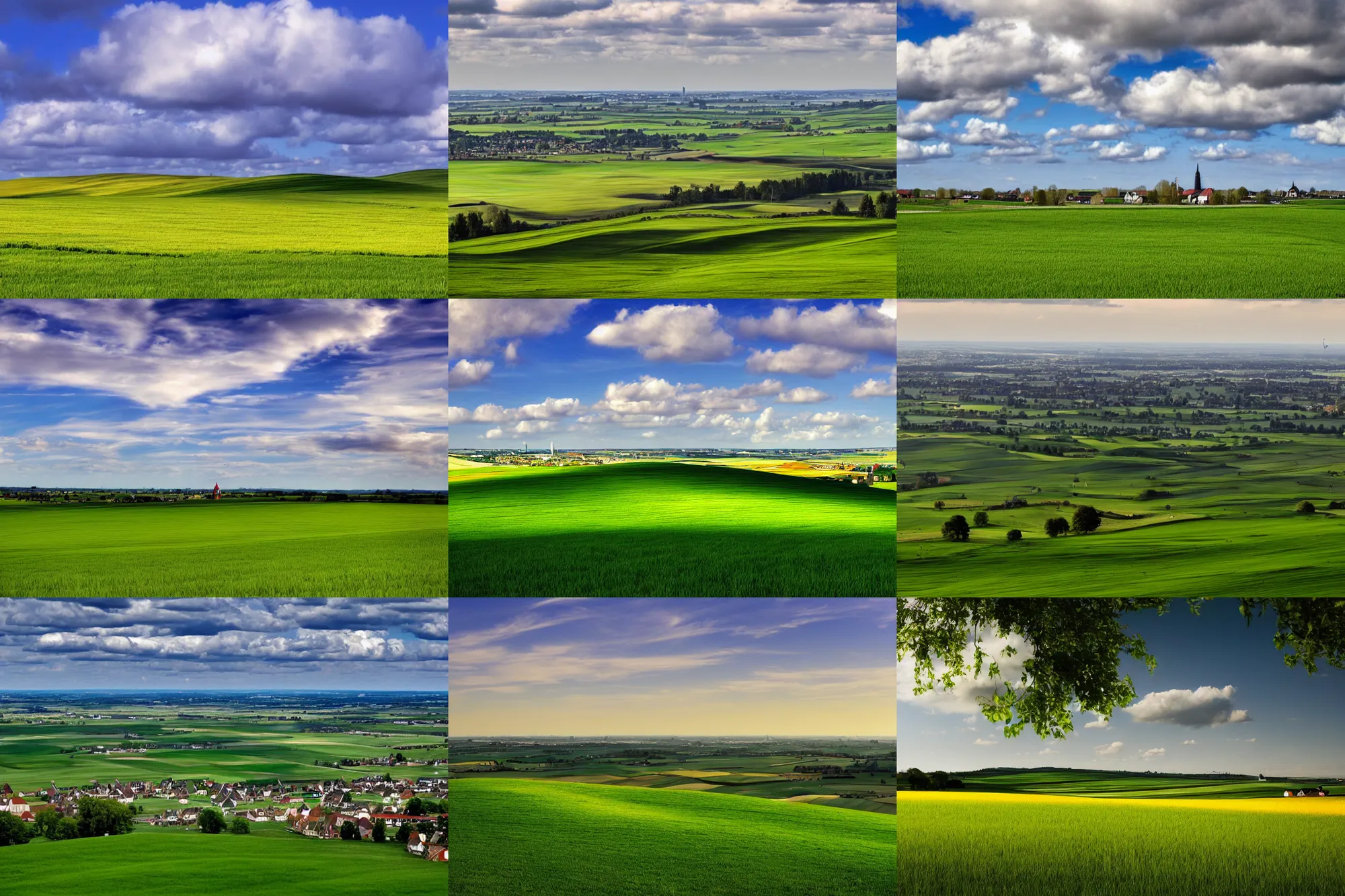 Prompt: the default windows xp wallpaper bliss with a small dutch town in the distance