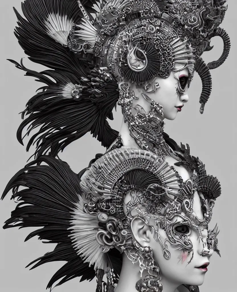 Image similar to 3 d goddess close - up profile portrait punk with mohawk with ram skull. beautiful intricately detailed japanese crow kitsune mask and clasical japanese kimono. betta fish, jellyfish phoenix, bio luminescent, plasma, ice, water, wind, creature, artwork by tooth wu and wlop and beeple and greg rutkowski