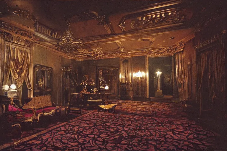 Prompt: full - color 1 9 7 0 s photo of the interior of a spooky elegant mansion at night. the interior architecture and layout are illogical, surreal, bizarre, complicated, and labyrinthine. there is a faintly - visible victorian ghost lurking. highly - detailed high - resolution photography.