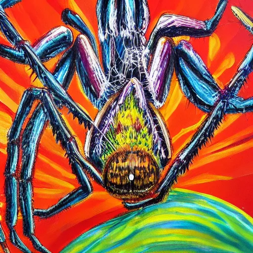 Prompt: a painting of a spider catching his next meal in his web, striking colors, masterpiece, psychedelic