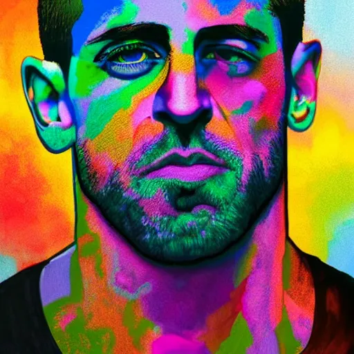 Prompt: aaron rodgers face, pharoah, dan hillier, dmt colors, hyperrealistic