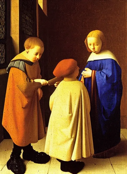 Image similar to Two little brothers meet a young man, medieval painting by Jan van Eyck, Johannes Vermeer, Florence