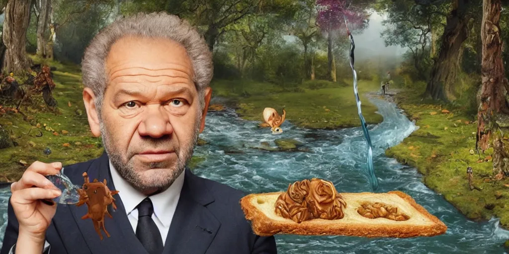 Image similar to alan sugar. plasticine animation eating leaves pastry pets on his shoulders going for a walk in the country. in the forest on the floor. the apprentice sitting on hands. eating burnt toast and drinking fresh clear water from a stream, painting in the style of salvador dali.