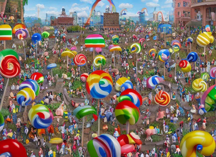 Prompt: where's waldo, lollipops and rainbows, lowbrow, matte painting, 3 - d highly detailed, in the style of camille rose garcia