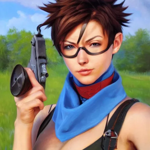 Image similar to oil painting of tracer overwatch in a field wearing large steel choker around neck, in style of mark arian, expressive face, detailed face, detailed eyes, full body, feminine face, tracer overwatch,