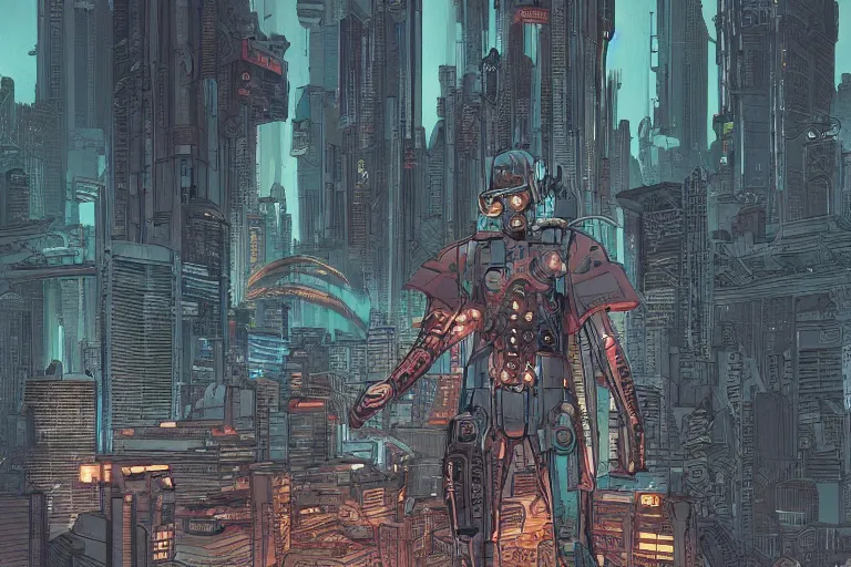 Image similar to comic book illustration, the ghost in the machine, cyberpunk concept art by Moebius, highly detailed, intricate, sci-fi, sharp focus, Trending on Artstation HQ, deviantart