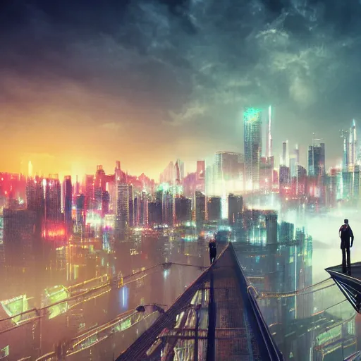 Image similar to a man standing on top of a bridge over a city, cyberpunk art by Vincent Lefevre, behance contest winner, altermodern, cityscape, synthwave, matte painting