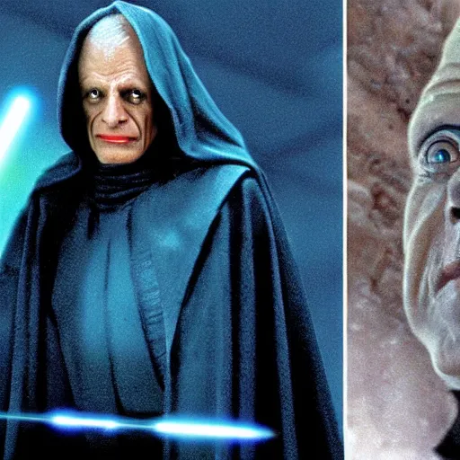 Prompt: jeff goldblum as emperor palpatine in the original trilogy, star wars movie, photo