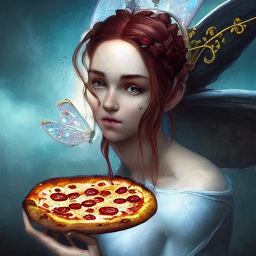 Image similar to a pizza with a fairy head topping, fantasy art, illustration, amazing detail, in the style of greg rutkowski, artgerm, cgsociety