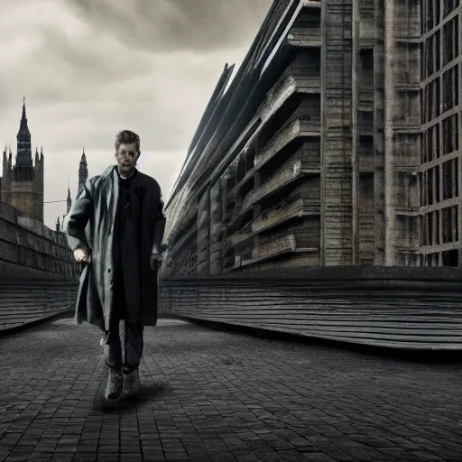 Image similar to a Photograph from the dystopian future of a British male in the year 2045 after ‘the event’ has taken place. Photorealistic, vivid, terrifying, somber, upsetting, 35mm, sharp focus, very very brutal, British architecture in the background, moody lighting