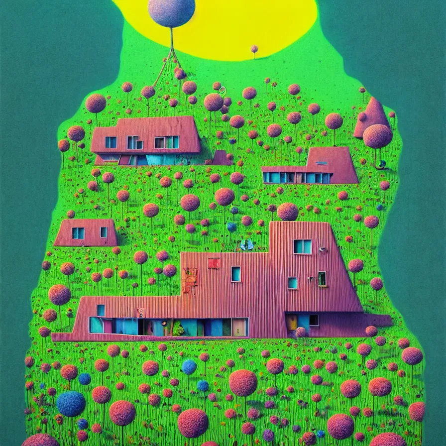 Image similar to surreal glimpse into other universe, house by norman foster, summer morning, very coherent and colorful high contrast, art by gediminas pranckevicius, geof darrow,!!! tove jansson!!!, floralpunk screen printing woodblock, dark shadows, hard lighting, stipple brush technique,