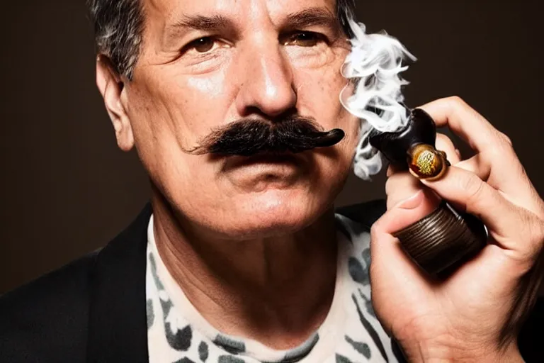 Image similar to mario testino photography, a male portrait, black hair, moustache, smoking a pipe