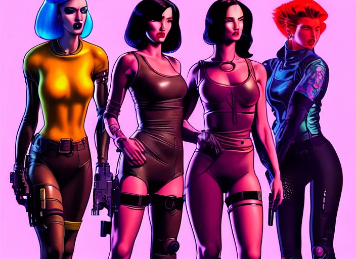 Image similar to cyberpunk femme fatale gang. portrait by stonehouse and mœbius and will eisner and gil elvgren and pixar. character design. realistic proportions. cyberpunk 2 0 7 7 character art, blade runner 2 0 4 9 concept art. cel shading. attractive face. thick lines. the team. diverse characters. artstationhq.