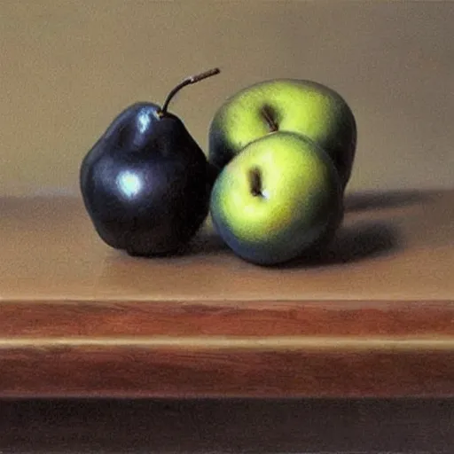 Prompt: table with black colored pears, #black pear fruit, ?black pears, !black pears, •black pears painted by rossdraws, greg rutkowski, thomas kindkade