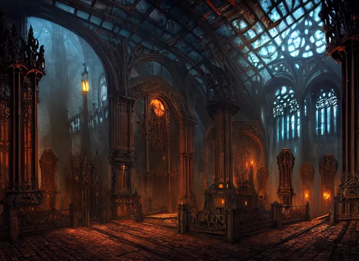 Image similar to steam necropolis, memento mori, gothic, neo - gothic, art nouveau, hyperdetailed copper patina medieval icon, stefan morrell, philippe druillet, ralph mcquarrie, concept art, steampunk, unreal engine, detailed intricate environment, octane render, moody atmospherics, volumetric lighting, ultrasharp, ominous, otherworldly