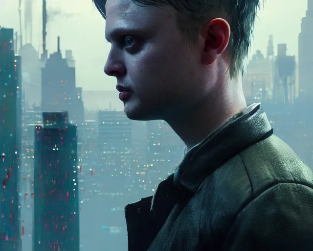 Image similar to highly detailed portrait of michael pitt as an android covered in blood, in detroit : become human, stephen bliss, unreal engine, fantasy art by greg rutkowski, loish, rhads, ferdinand knab, makoto shinkai and lois van baarle, ilya kuvshinov, rossdraws, tom bagshaw, global illumination, radiant light, detailed and intricate environment