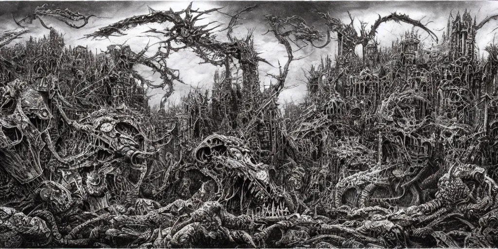 Prompt: ian miller, realms of chaos, landscape, terrifying, ultra detailed