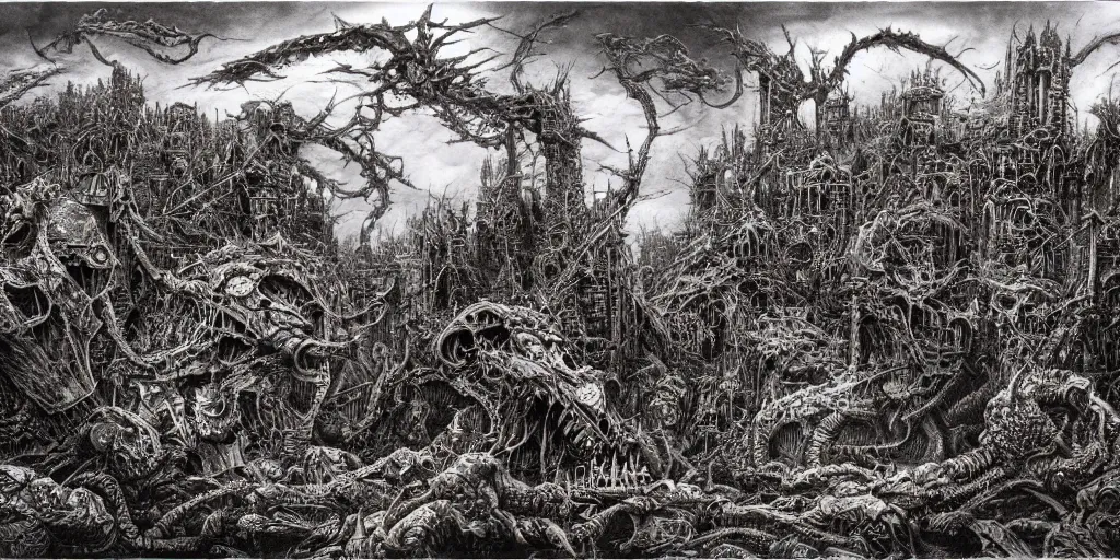 ian miller, realms of chaos, landscape, terrifying, | Stable Diffusion