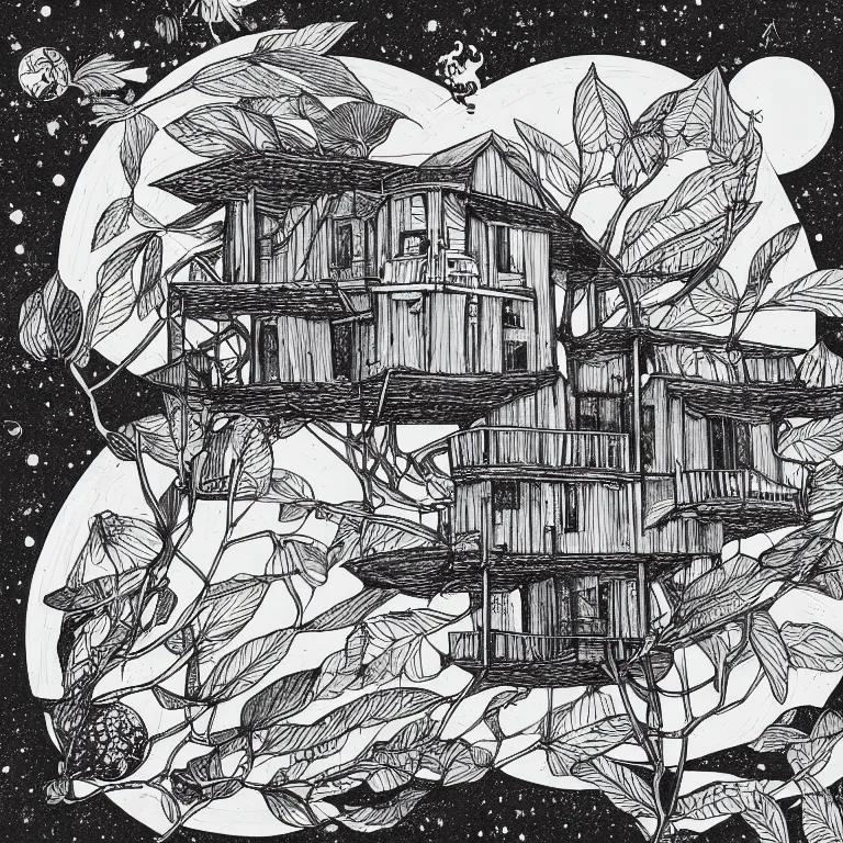 Prompt: a house floating in space, black and white, botanical illustration, black ink on white paper, bold lines, white border