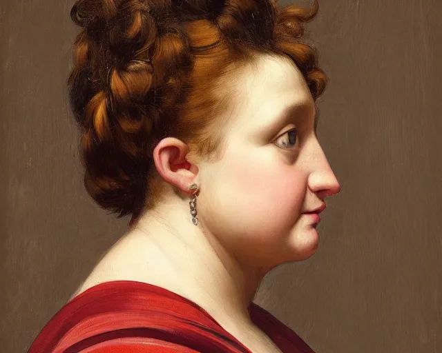 Image similar to colored portrait. the same style. a very unique profile, seen from the side, medium shot, of a woman's profile, with fat face, a straight and long nose, and huge and prominent eyes. her hair is curly. old photograph. sharp image. academicism, highly detailed, color harmony, art station, ornate, caravaggio style. old photography