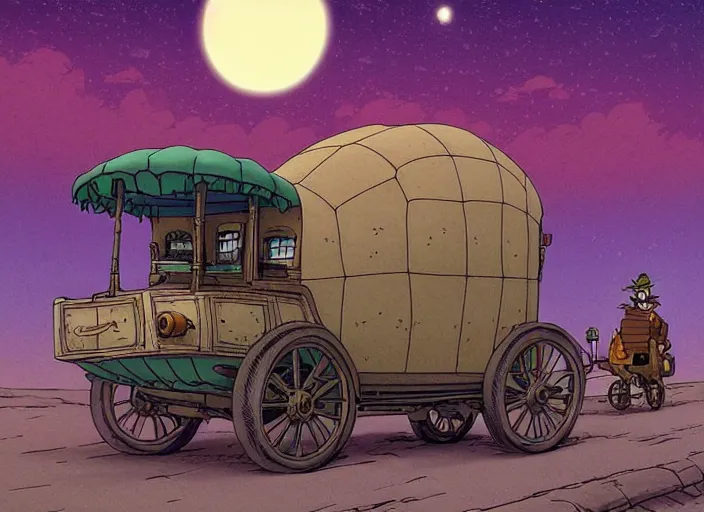 Prompt: a cell shaded cartoon of a lovecraftian tortoise stage coach from howl's moving castle ( 2 0 0 4 ), on a desert road, in front of a full moon, full body, wide shot, very muted colors, post grunge, studio ghibli, laurie greasley, highly detailed, deviantart, art by artgem