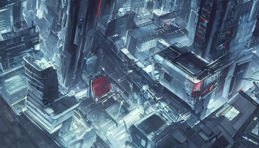 Prompt: Concept Art Illustration of neo-Tokyo Bank Headquarters, in the Style of Akira, Syndicate Corporation, Anime, Dystopian, Highly Detailed, Helipad, Special Forces Security, Blockchain Vault, Searchlights, Shipping Docks, For multiplayer Stealth fps bank robbery simulator, Inspired by MGS2 + Ghost in the shell SAC + Cowboy Bebop :4 by Katsuhiro Otomo : 8