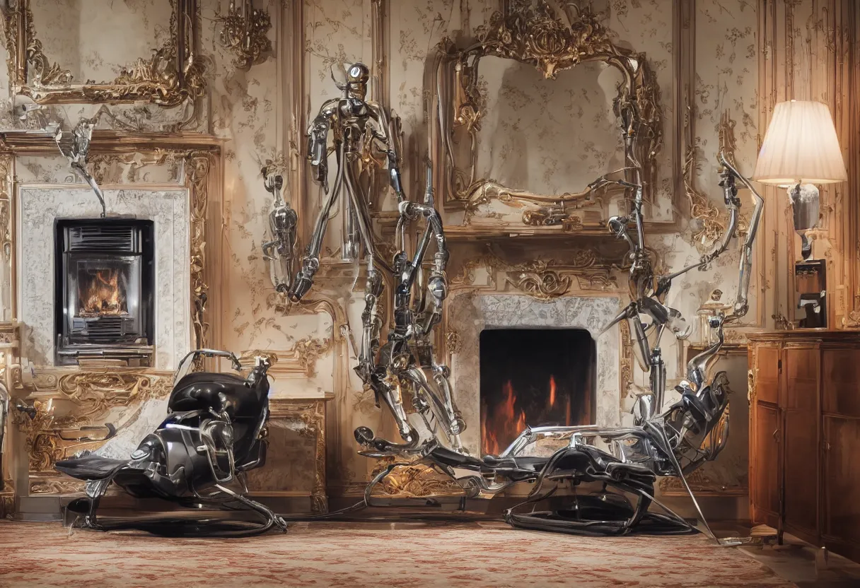 Image similar to Extreme close up photograph of a futuristic robot reclining on a 1950s fainting chair in front of a single beautiful fireplace in a pristine traditional Victorian home, by Simon Stalenhag