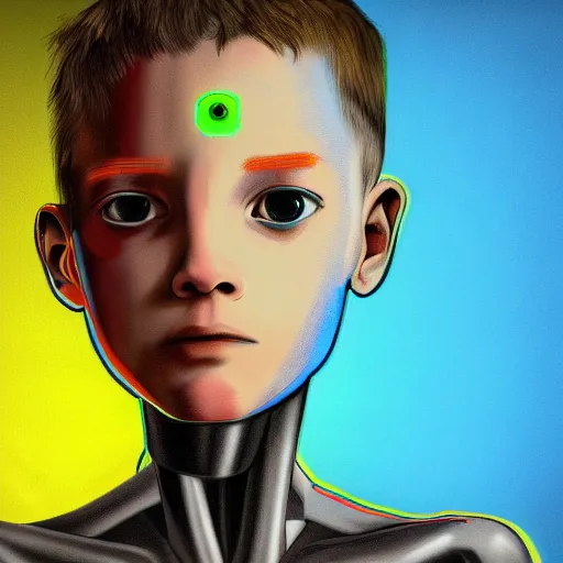Image similar to A human boy staring staring into the eyes of a female robot, trending on art station, emotional science fiction, neon background