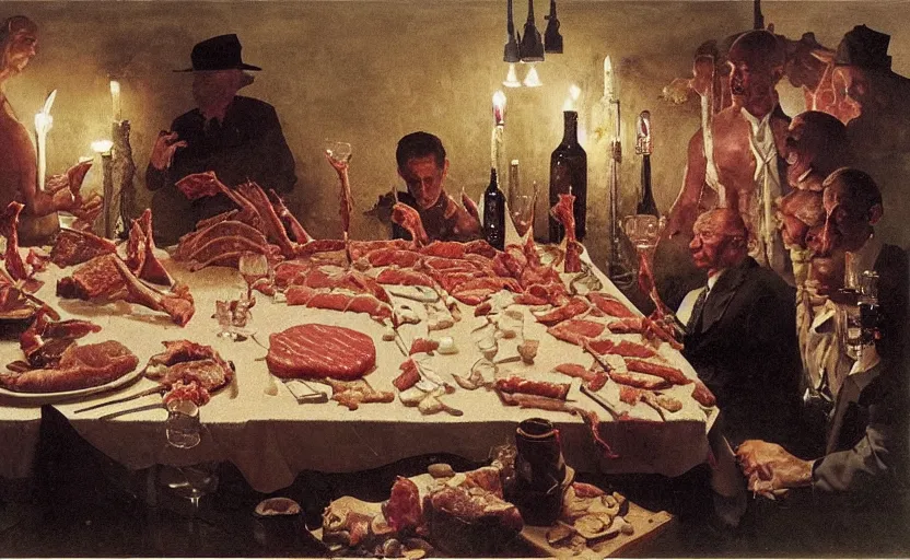 Prompt: a formal dinner party involving a great deal of meat on a table in a dark kitchen lit by a single bulb, painted by rick berry and norman rockwell and zdzislaw beksinski, highly detailed, muted colours