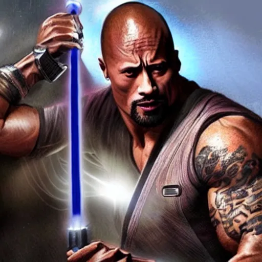 Image similar to dwayne johnson holding a purple lightsaber wearing brown jedi robes, concept art, ultra realistic
