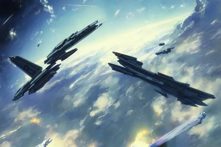 Prompt: 2 0 0 1 space odyssy space fighter jet in orbit by greg rutkowski makoto shinkai takashi takeuchi studio ghibli, akihiko yoshida