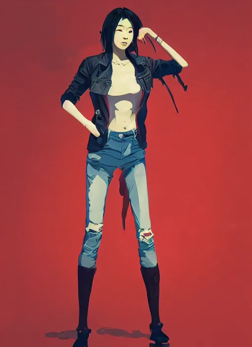 Image similar to full body long shot of Japanese female wearing red futuristic 1980s jacket and torn jean shorts, highly detailed, digital painting, artstation, concept art, sharp focus, illustration, art by greg rutkowski and alphonse mucha